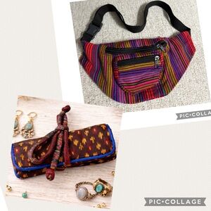 GANESHA FINE ART CAMBODIAN HANDMADE SILK JEWELRY ROLL CASE & FANNY PACK BUNDLE
